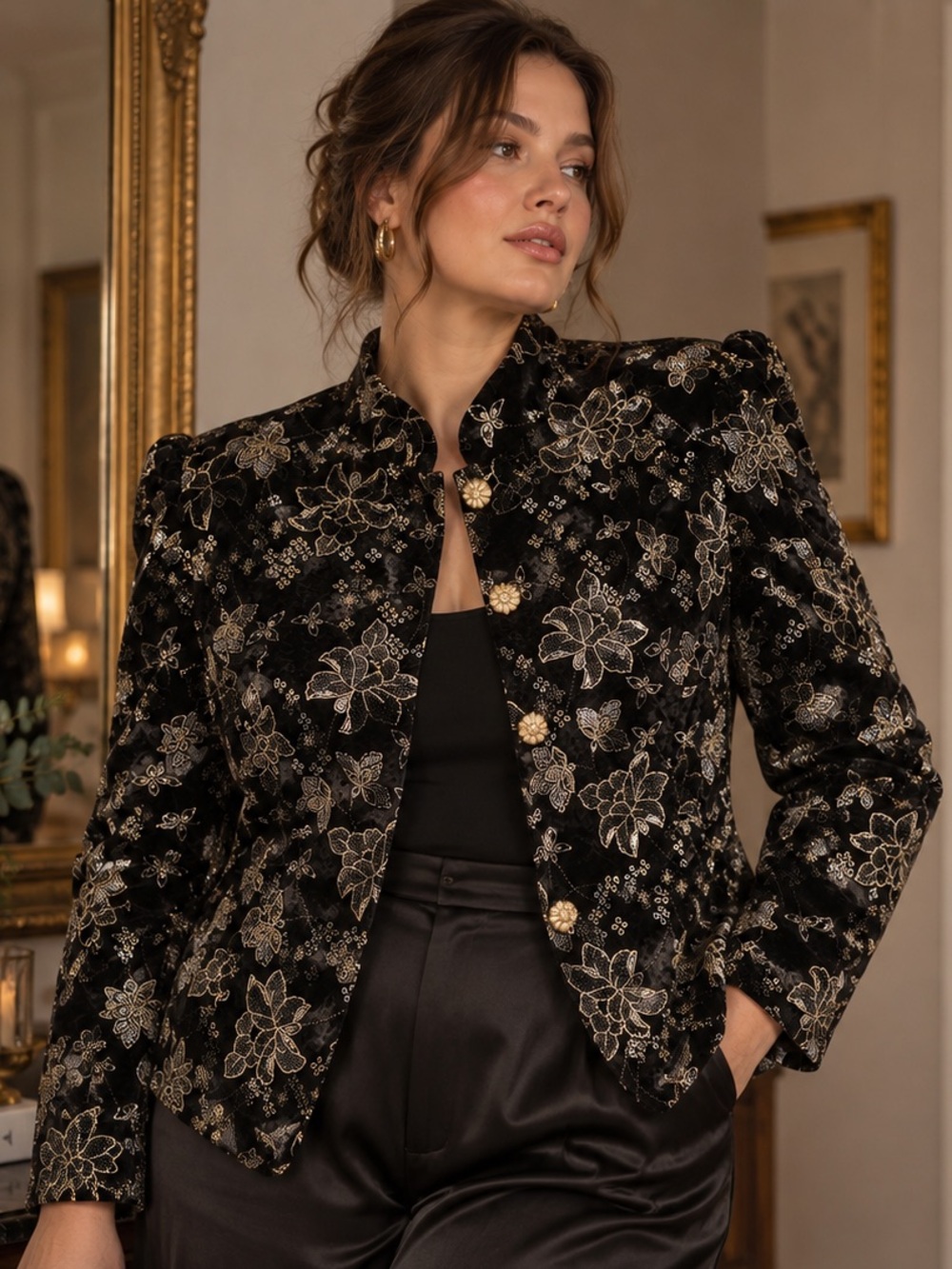 Vintage Another Thyme Black Velvet Floral Metallic Glam Statement Jacket XL 14